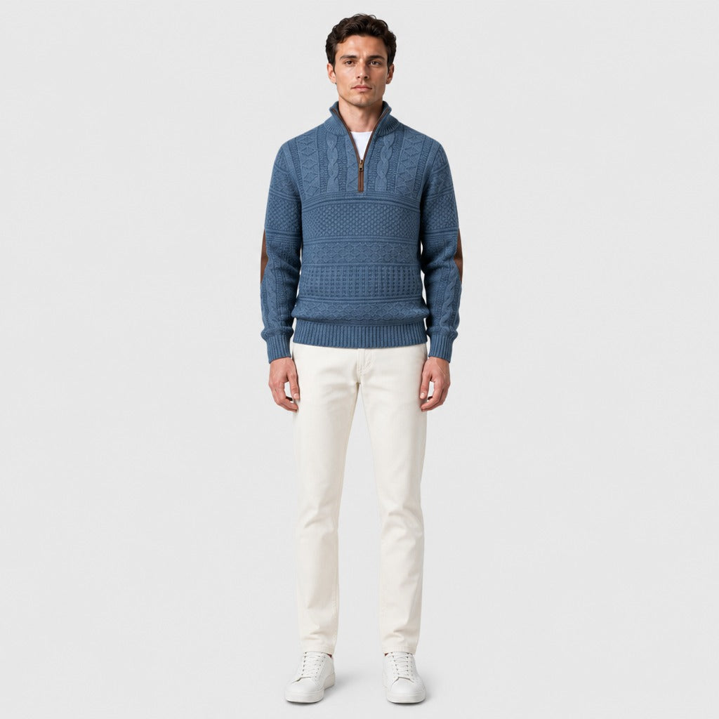 Men’s Cable Knit Half-Zip Jumper with Elbow Patches Blue full length