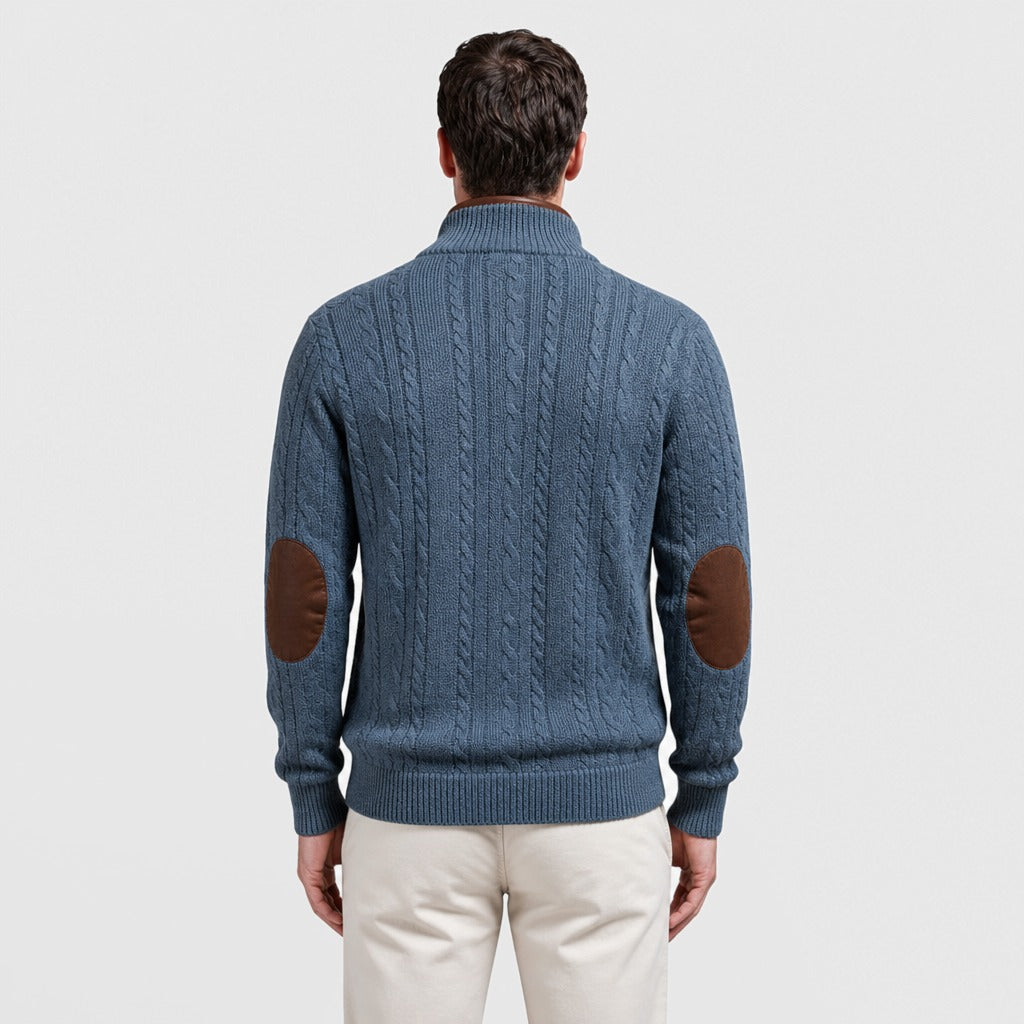Men’s Cable Knit Half-Zip Jumper with Elbow Patches Blue back