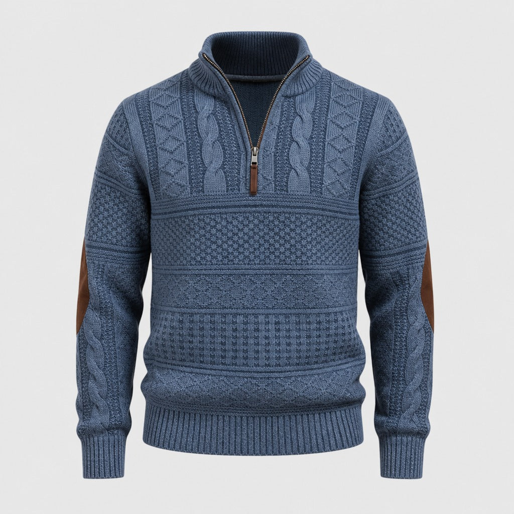 Men’s Cable Knit Half-Zip Jumper with Elbow Patches Blue product front