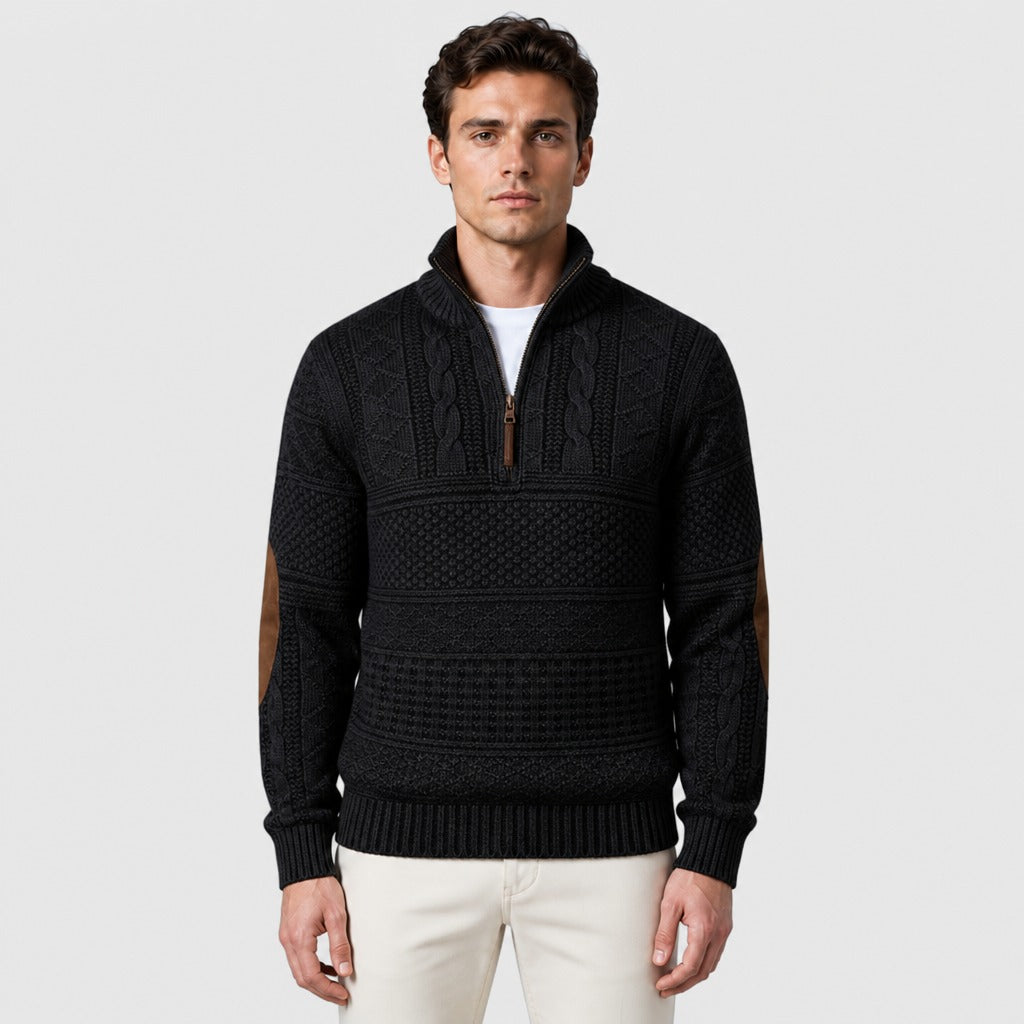 Men’s Cable Knit Half-Zip Jumper with Elbow Patches Black