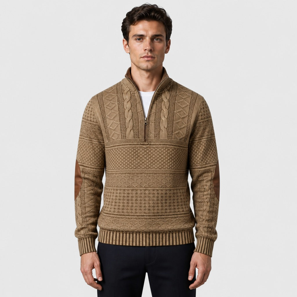 Men’s Cable Knit Half-Zip Jumper with Elbow Patches Beige