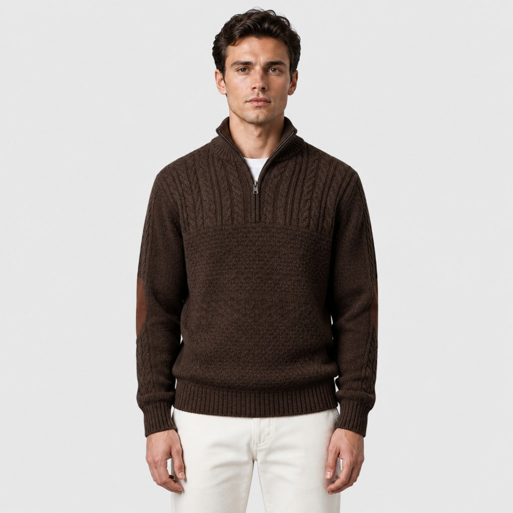 Men’s Cable Knit Half-Zip Jumper with Elbow Patches Brown