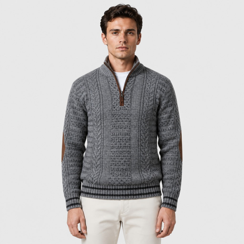 Men’s Cable Knit Half-Zip Jumper with Elbow Patches Grey