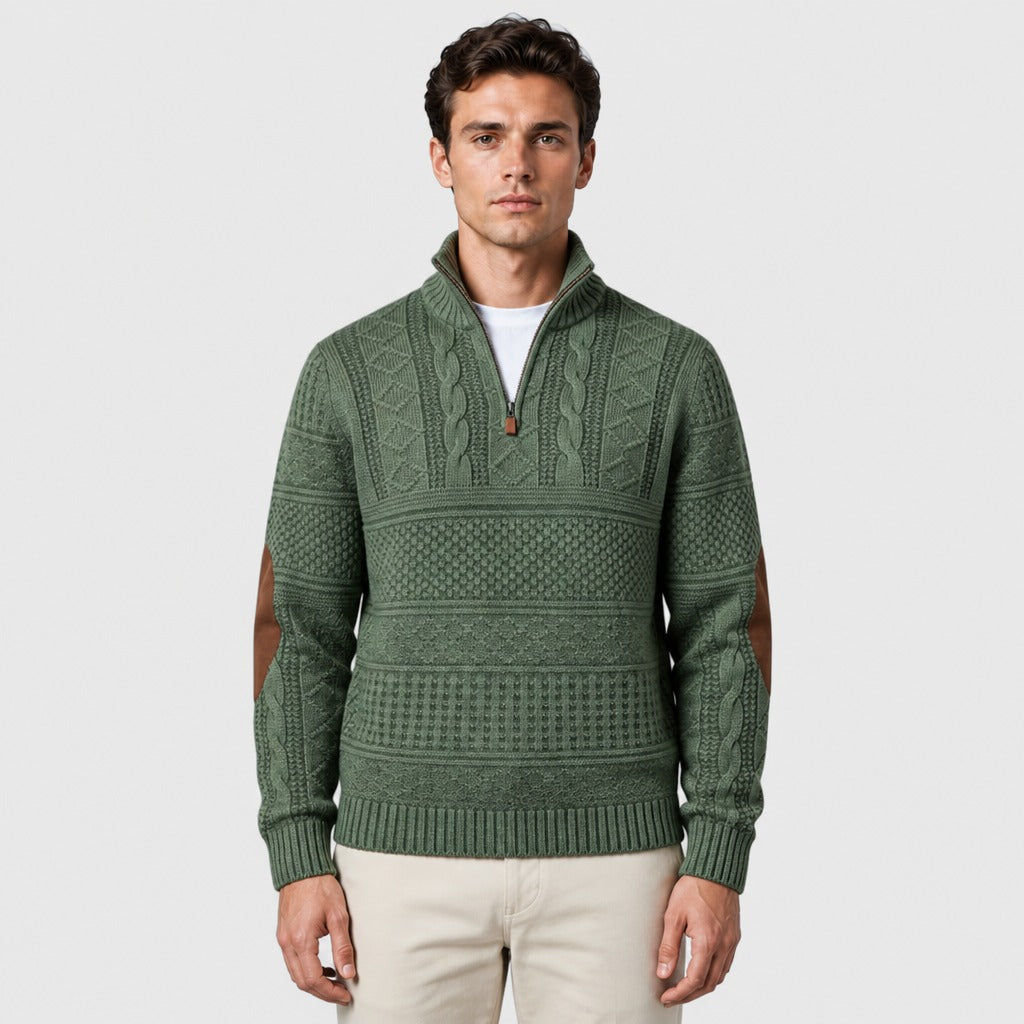 Men’s Cable Knit Half-Zip Jumper with Elbow Patches Green