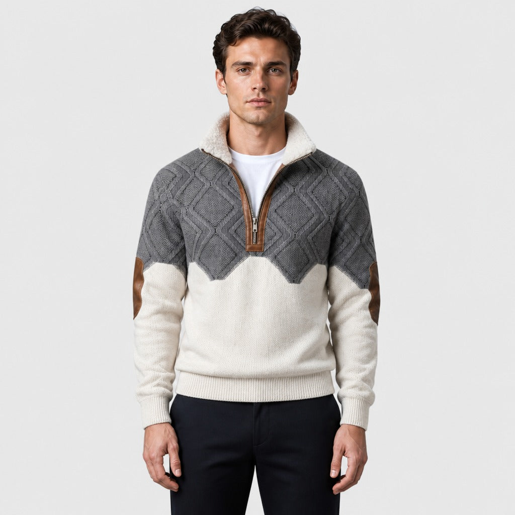 Men’s Cable Knit Half-Zip Jumper with Fleece Collar Grey/White front