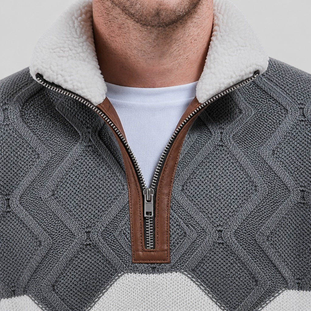Men’s Cable Knit Half-Zip Jumper with Fleece Collar detail