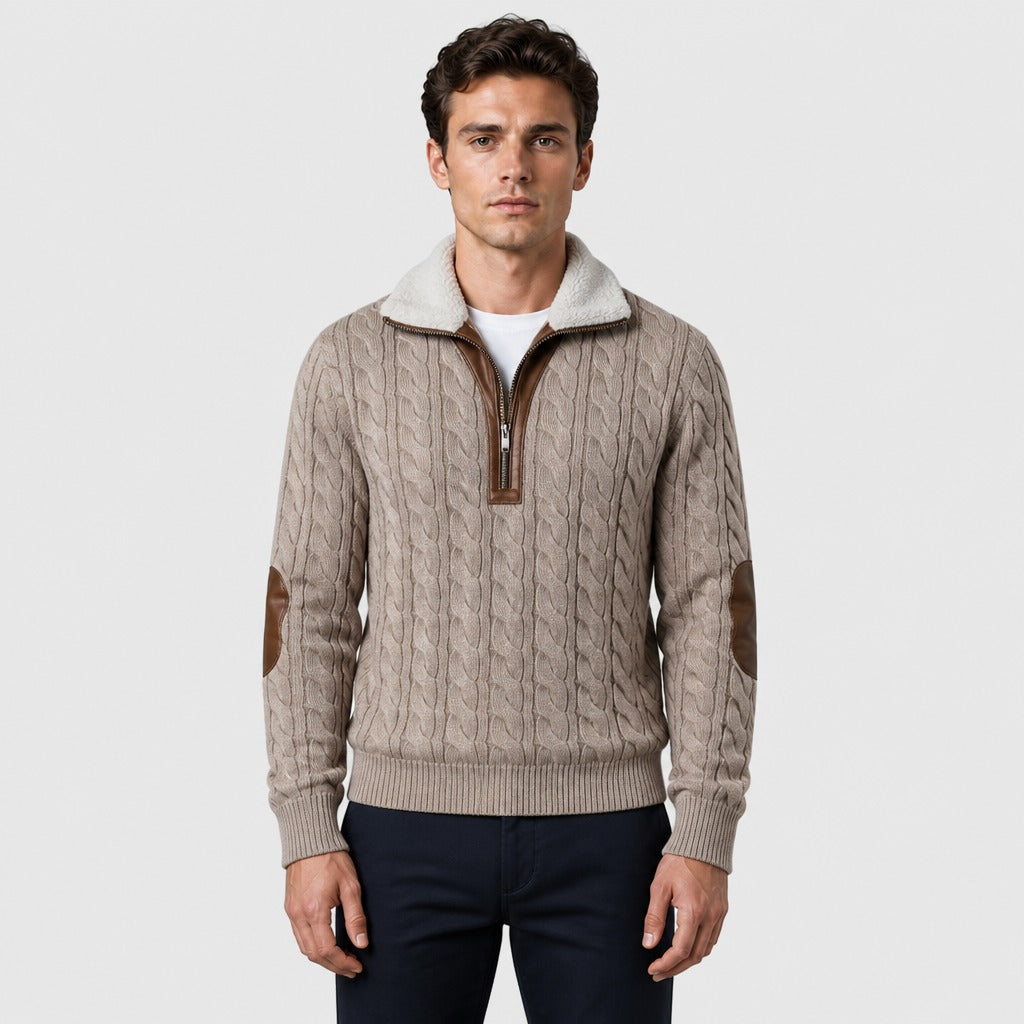 Men’s Cable Knit Half-Zip Jumper with Fleece Collar Light Brown