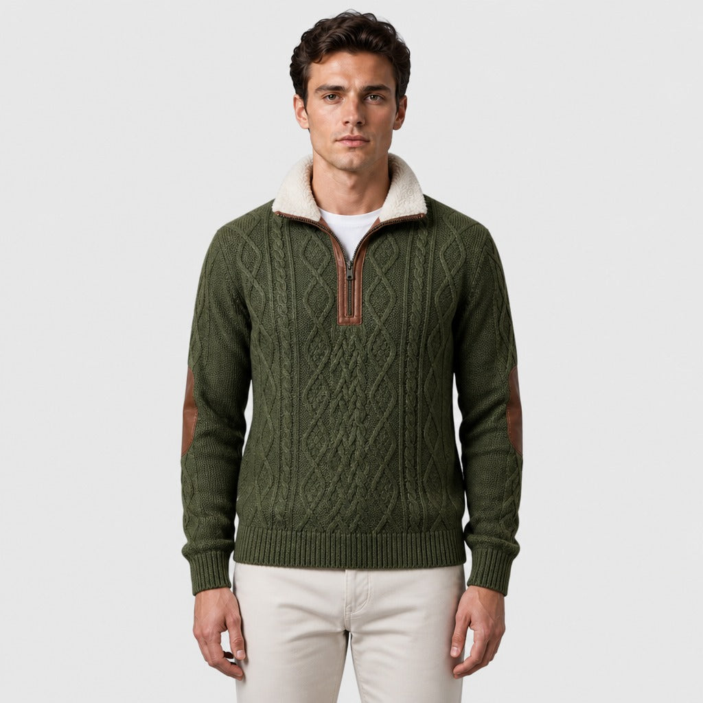 Men’s Cable Knit Half-Zip Jumper with Fleece Collar Green