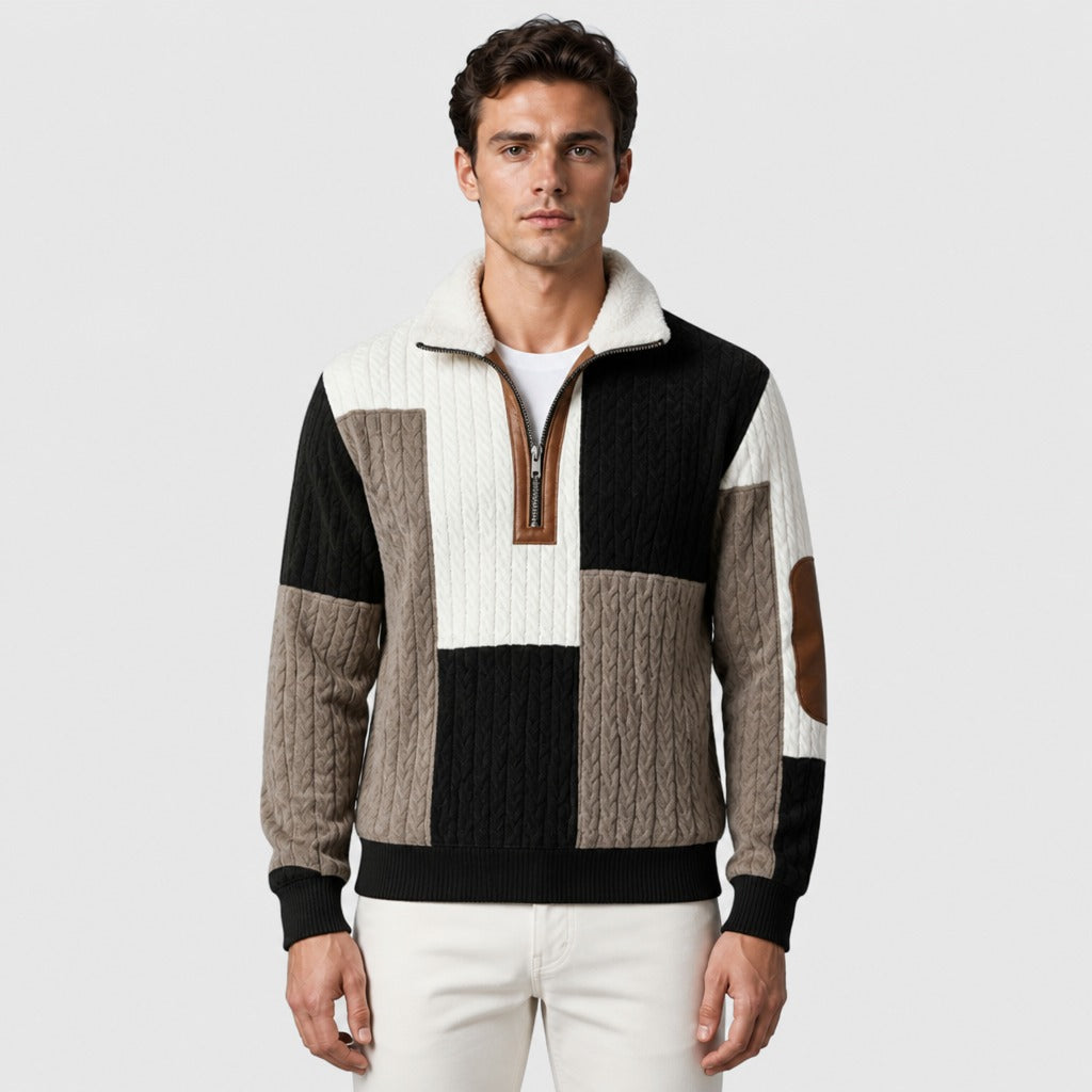 Men’s Cable Knit Half-Zip Jumper with Fleece Collar Black/Grey