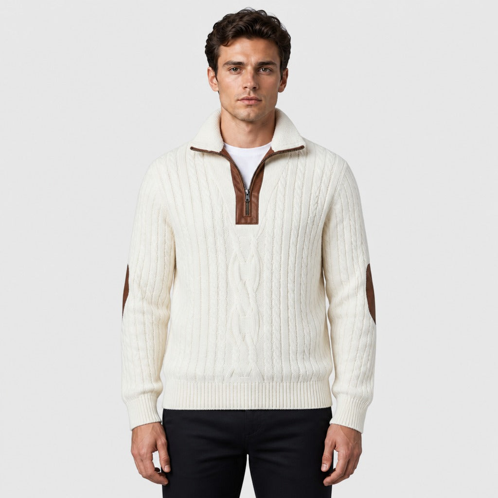 Men’s Cable Knit Half-Zip Jumper with Fleece Collar White