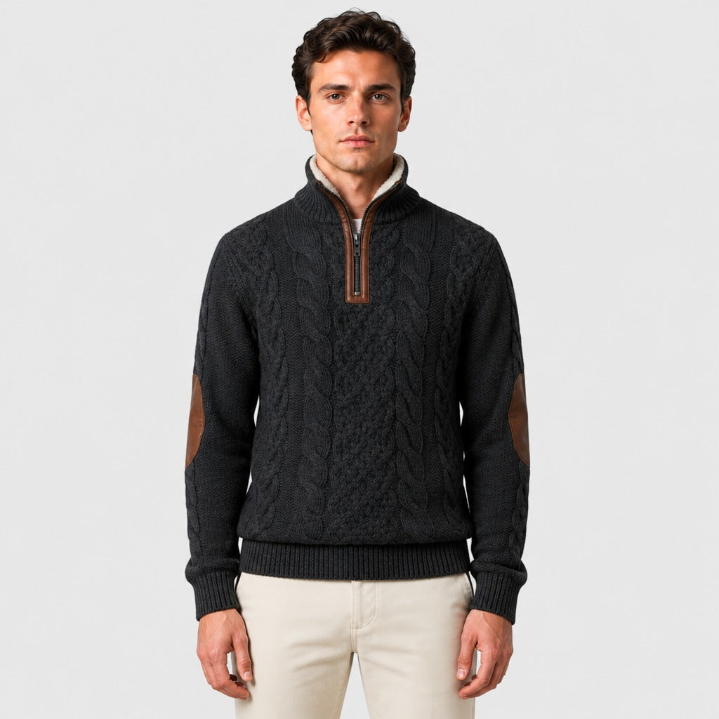 Men’s Cable Knit Half-Zip Jumper with Fleece Collar Black/Brown