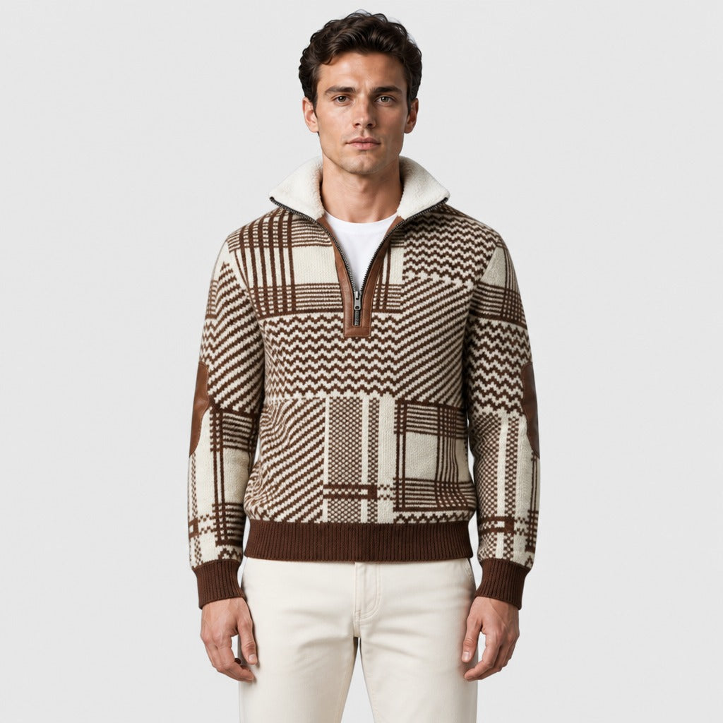 Men’s Cable Knit Half-Zip Jumper with Fleece Collar Brown