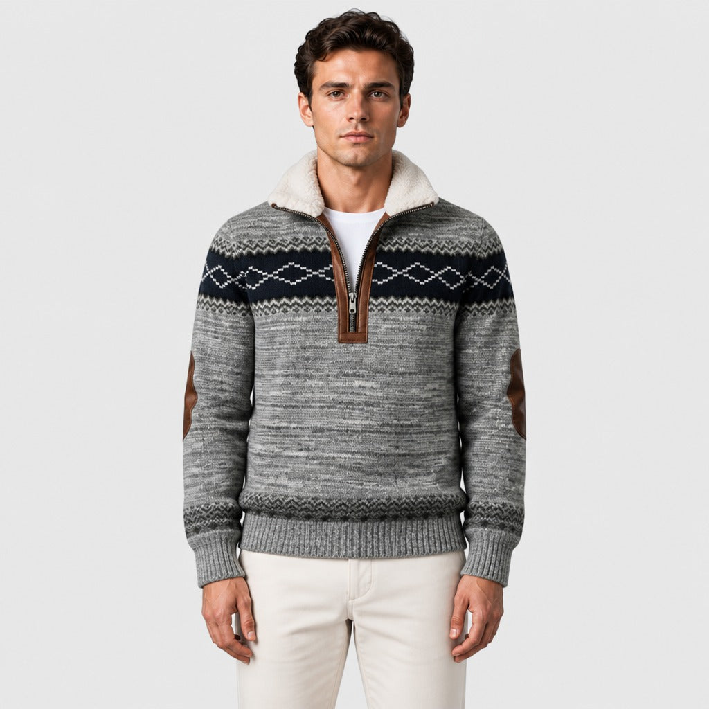 Men’s Cable Knit Half-Zip Jumper with Fleece Collar Grey/Black