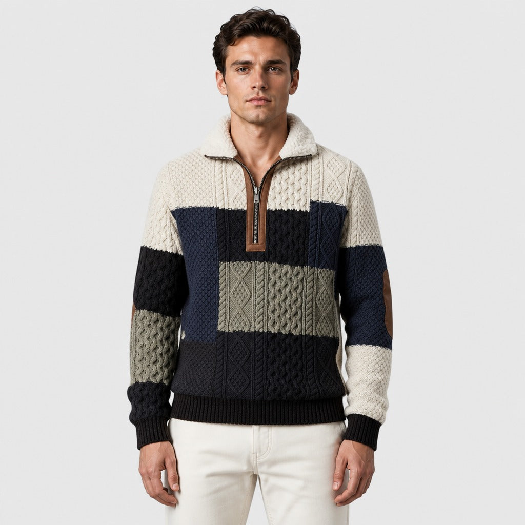 Men’s Cable Knit Half-Zip Jumper with Fleece Collar Black/Blue