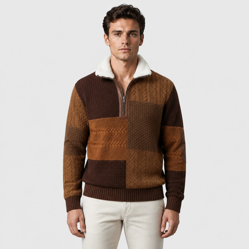 Men’s Cable Knit Half-Zip Jumper with Fleece Collar Dark Brown