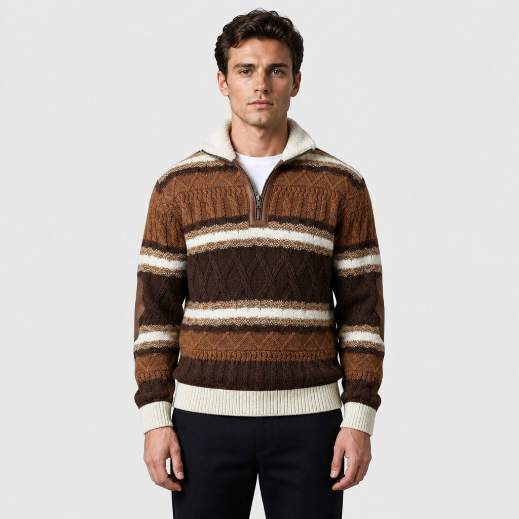 Men’s Cable Knit Half-Zip Jumper with Fleece Collar Brown/White