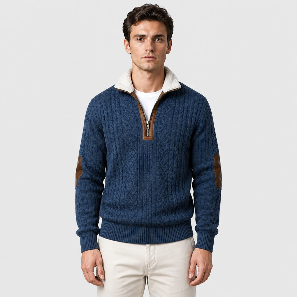Men’s Cable Knit Half-Zip Jumper with Fleece Collar Blue