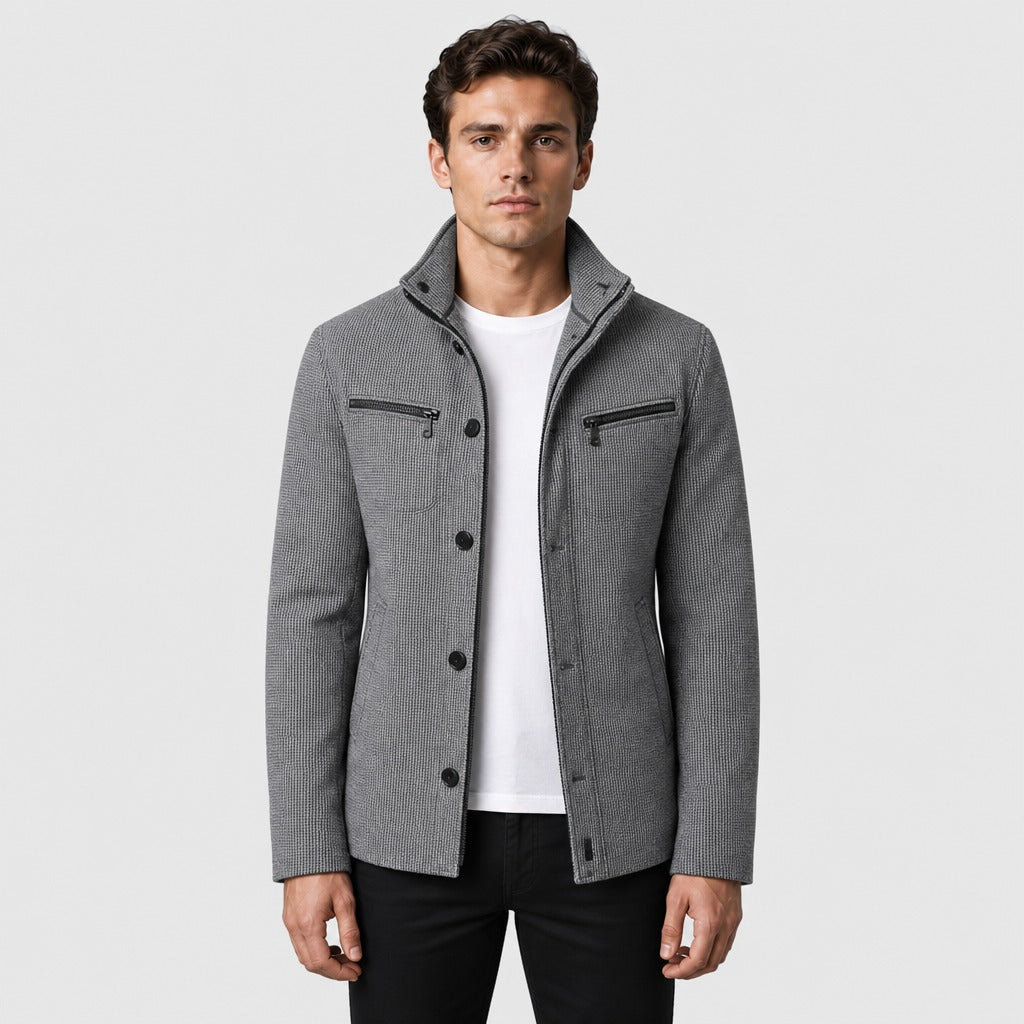 Men’s Checked Wool Blend Button Jacket Mixed Grey front