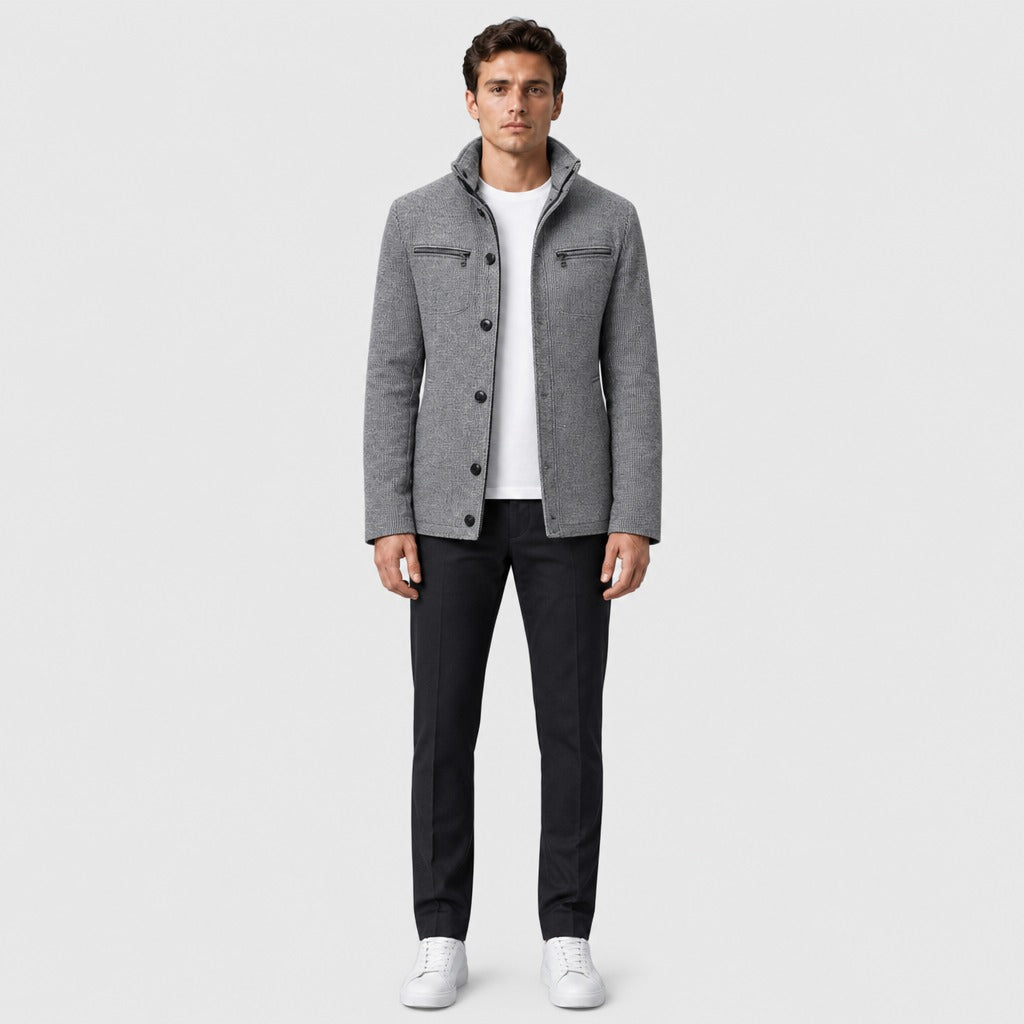 Men’s Checked Wool Blend Button Jacket Mixed Grey full length