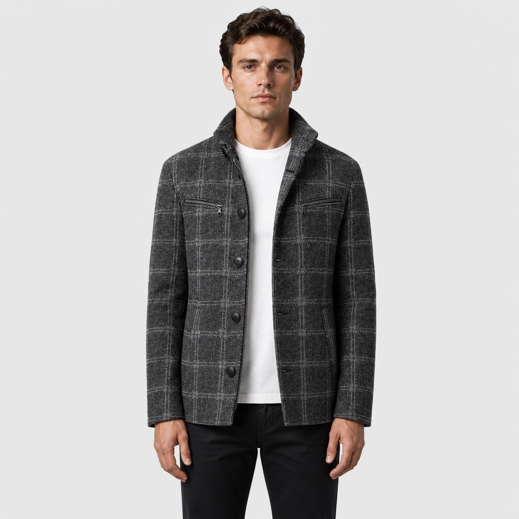 Men’s Checked Wool Blend Button Jacket Dark Grey Checked