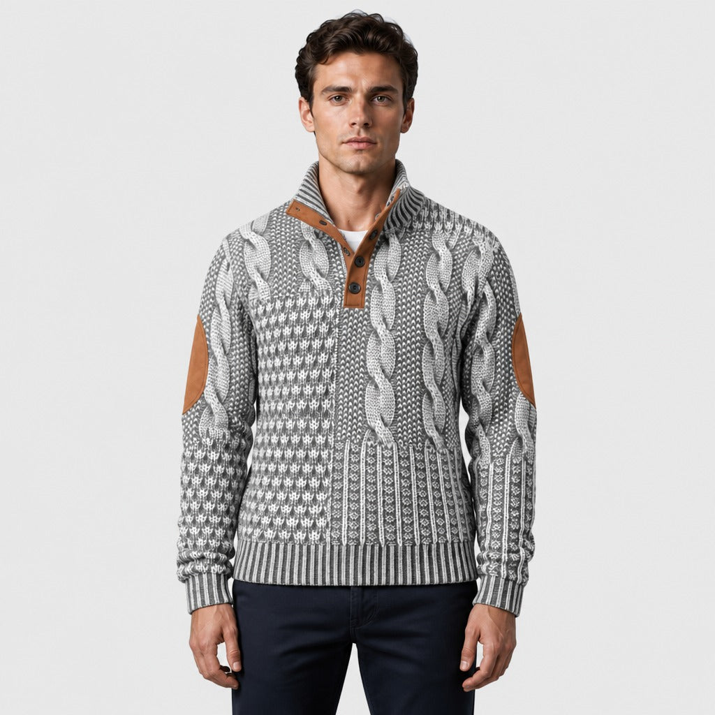 Men’s Chunky Cable Knit Button Collar Jumper Light Grey front