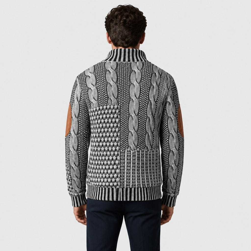 Men’s Chunky Cable Knit Button Collar Jumper Light Grey back