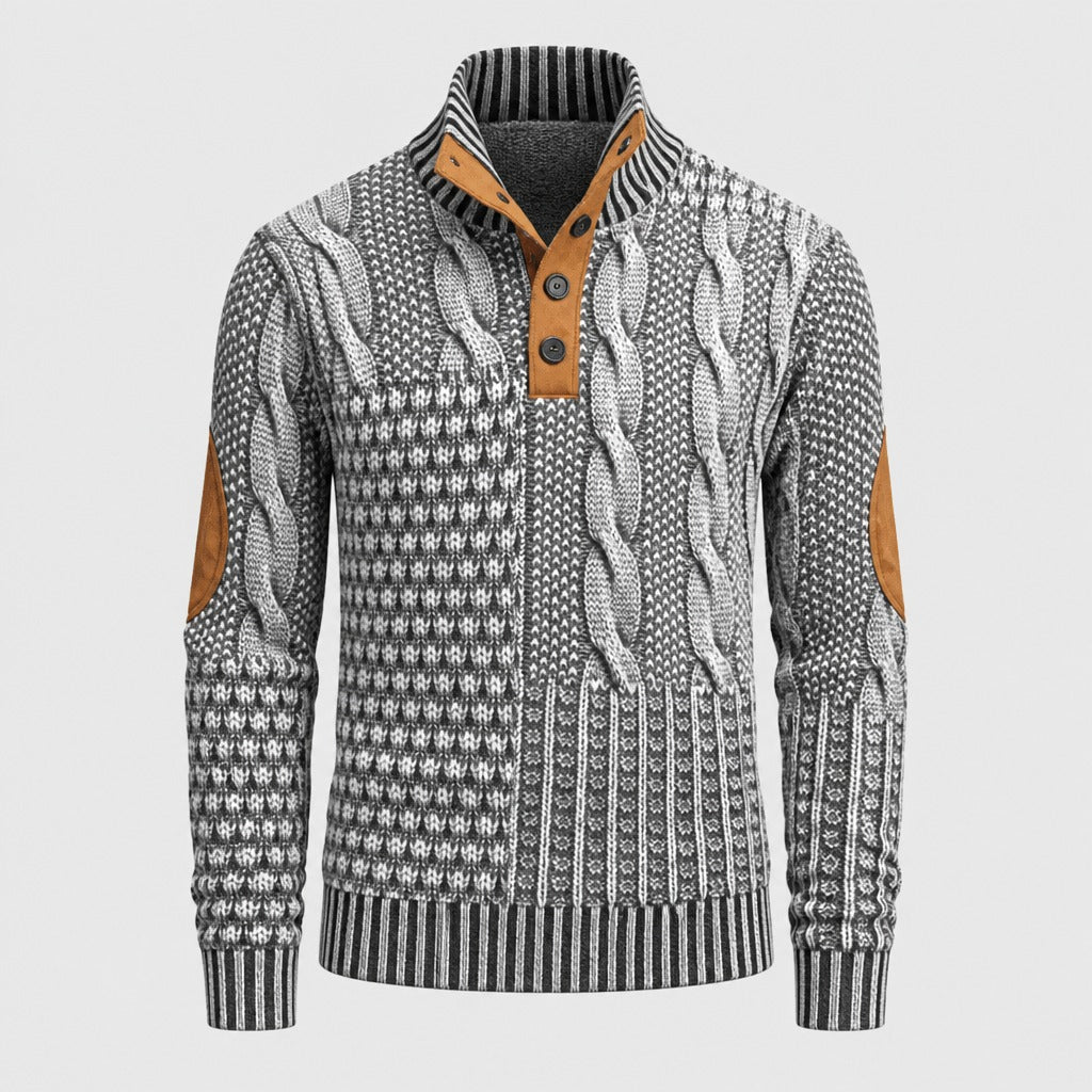 Men’s Chunky Cable Knit Button Collar Jumper Light Grey product front