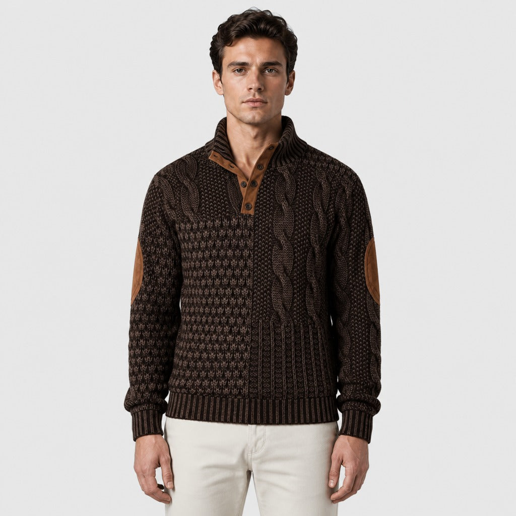 Men’s Chunky Cable Knit Button Collar Jumper Brown