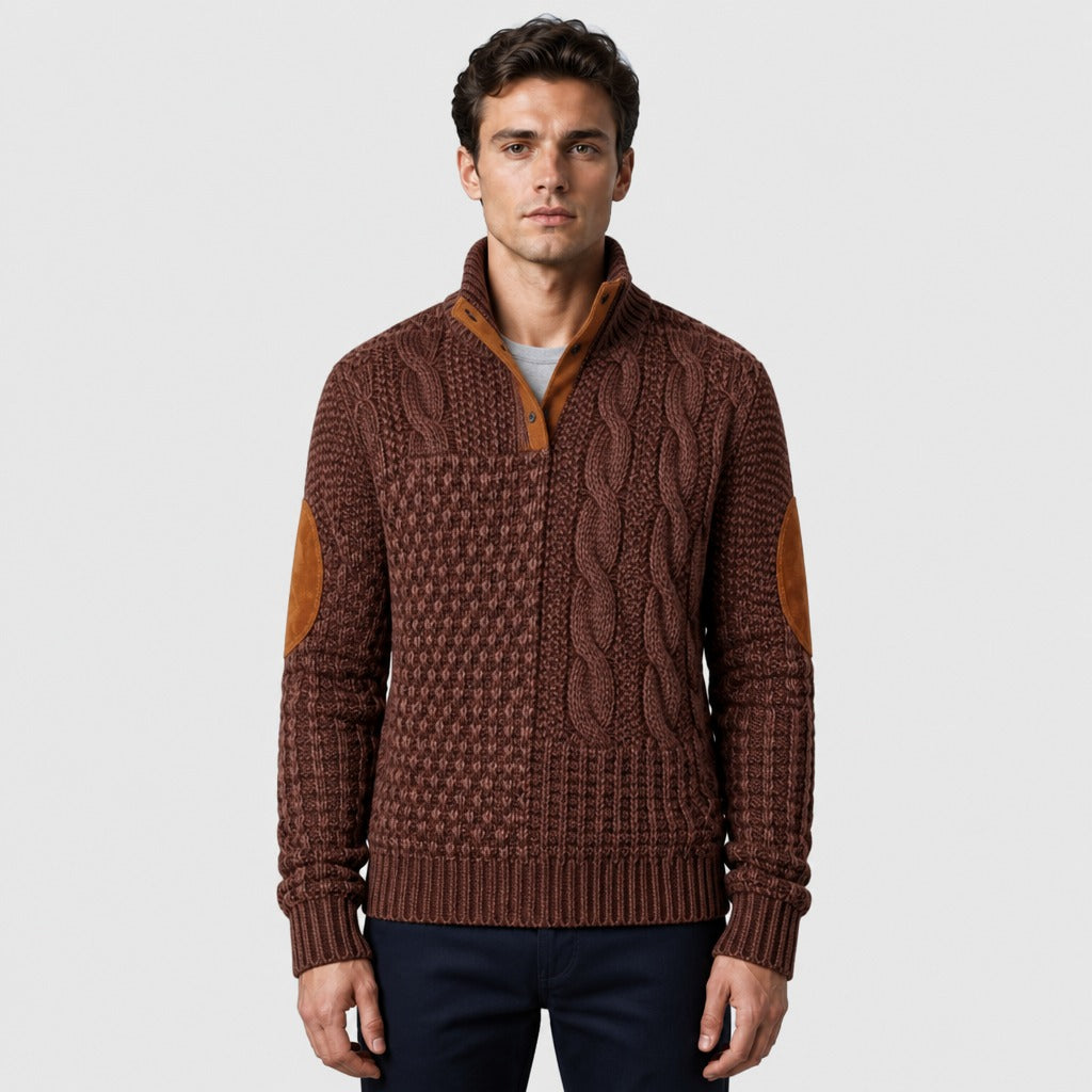 Men’s Chunky Cable Knit Button Collar Jumper Light Brown