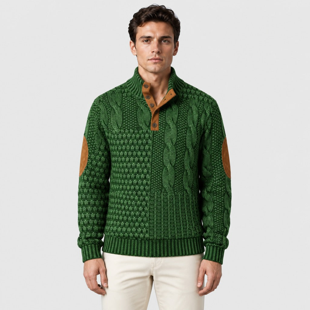 Men’s Chunky Cable Knit Button Collar Jumper Green