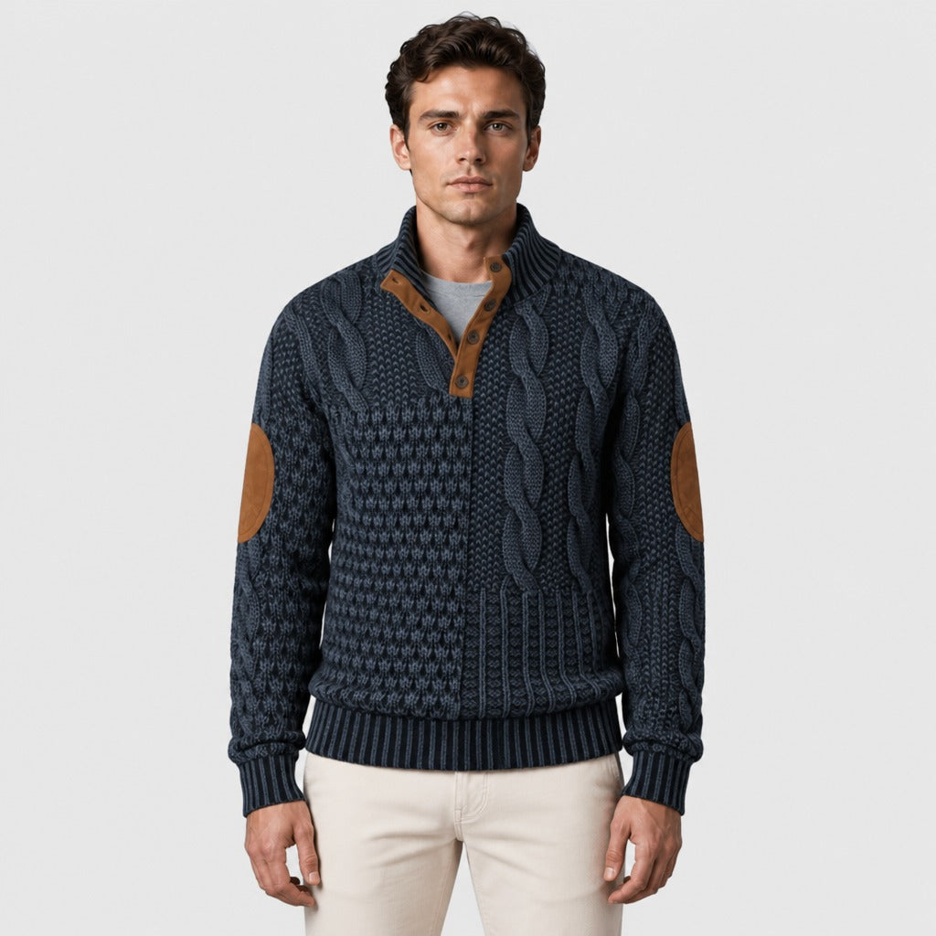 Men’s Chunky Cable Knit Button Collar Jumper Blue
