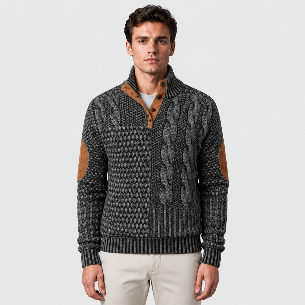 Men’s Chunky Cable Knit Button Collar Jumper Grey