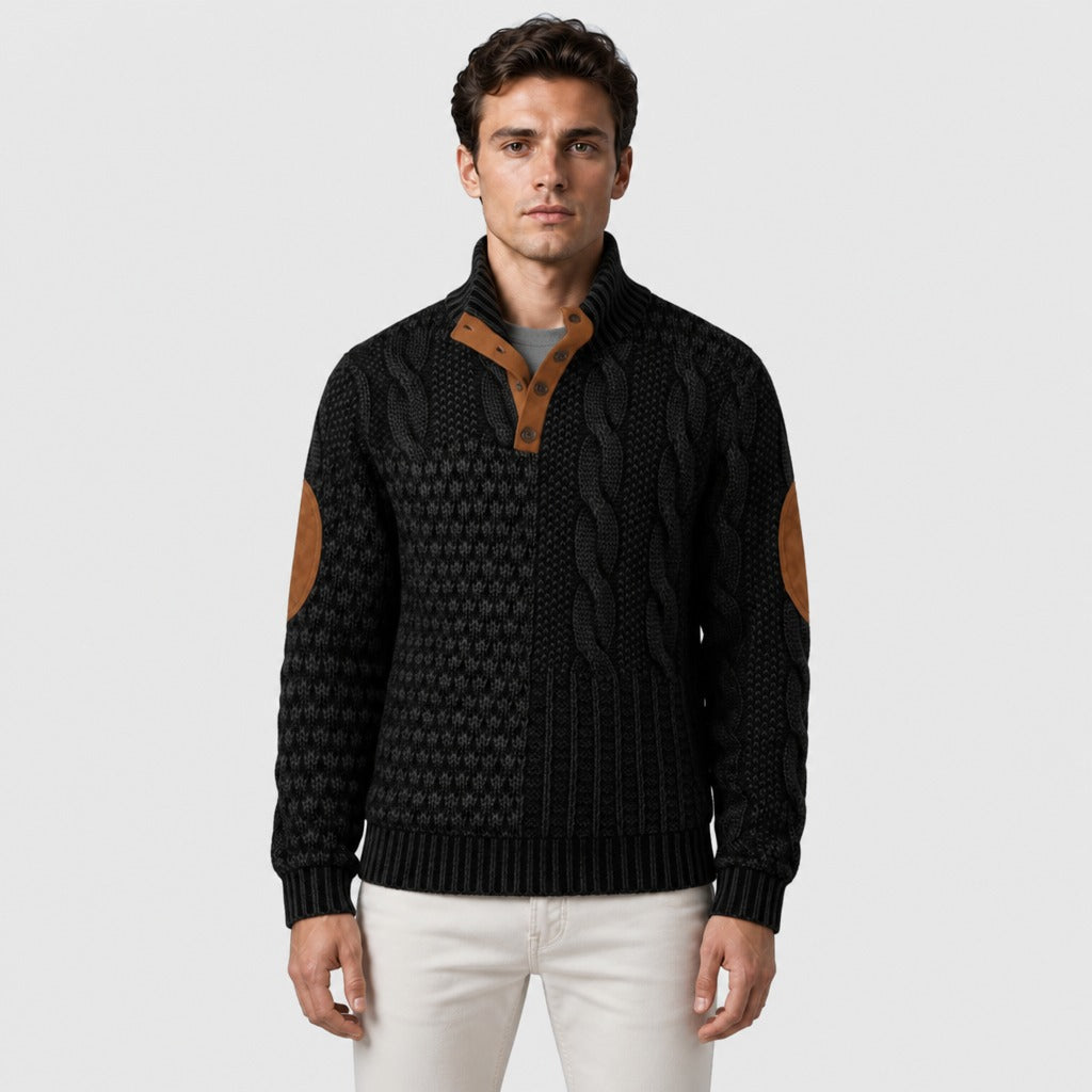 Men’s Chunky Cable Knit Button Collar Jumper Black