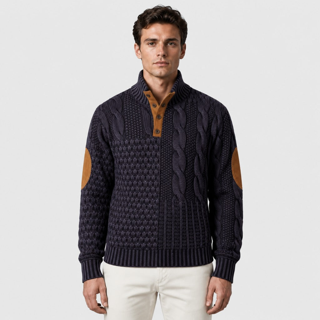 Men’s Chunky Cable Knit Button Collar Jumper Violet