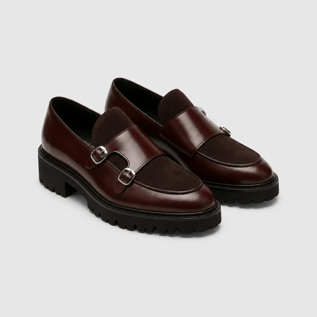 Men’s Chunky Double Monk Strap Shoes Burgundy pair