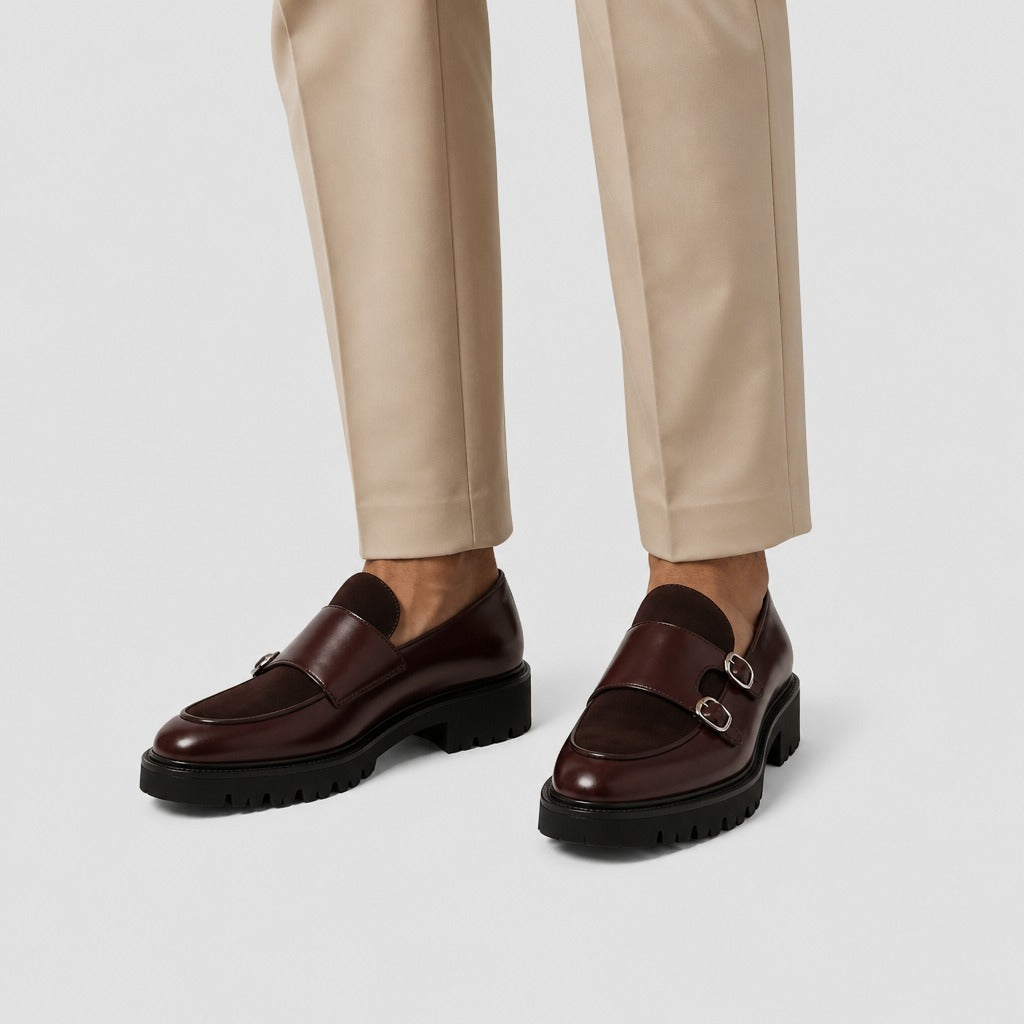 Men’s Chunky Double Monk Strap Shoes Burgundy worn