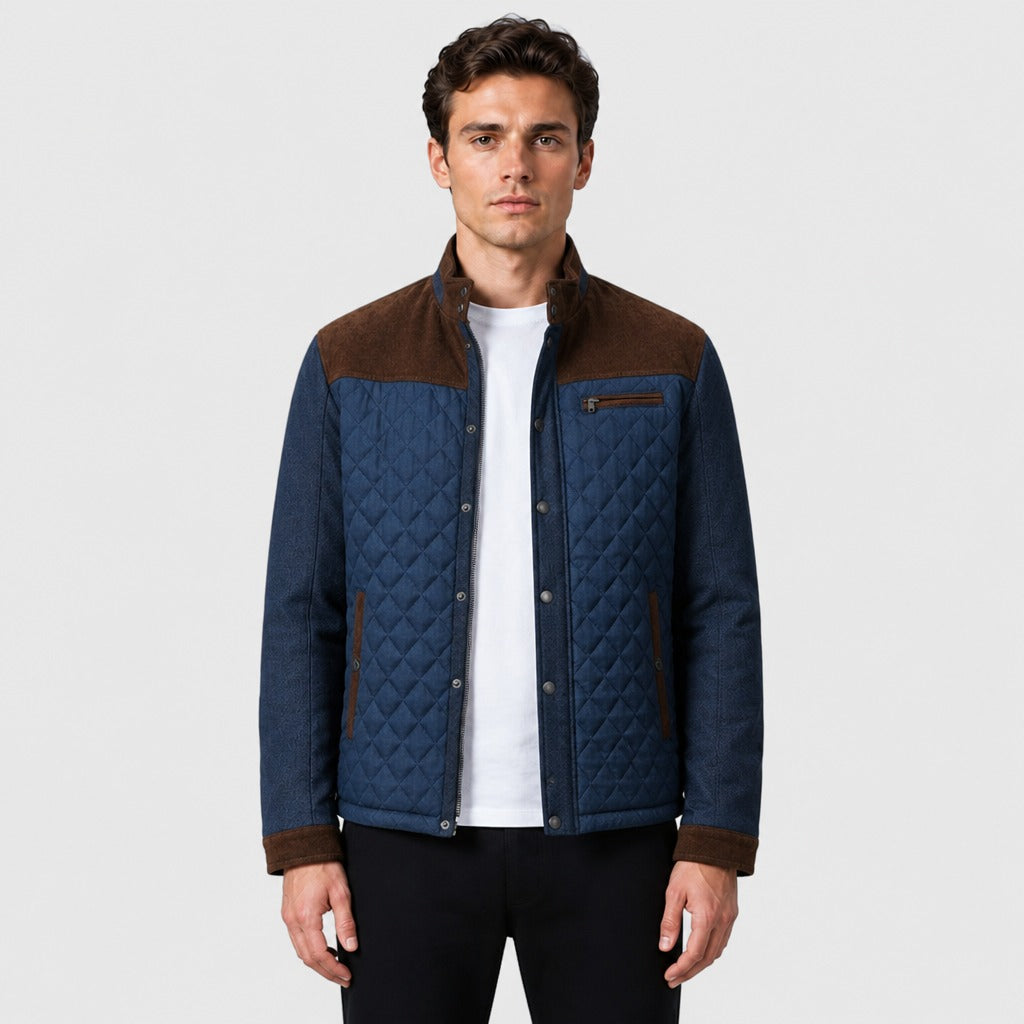 Men’s Cotton Blend Zip Jacket with Turn-Down Collar Brown front