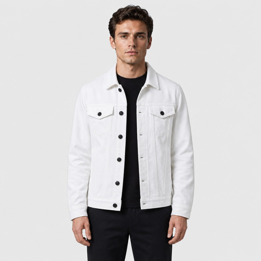 Men’s Cotton Button Jacket with Appliqué Detail White