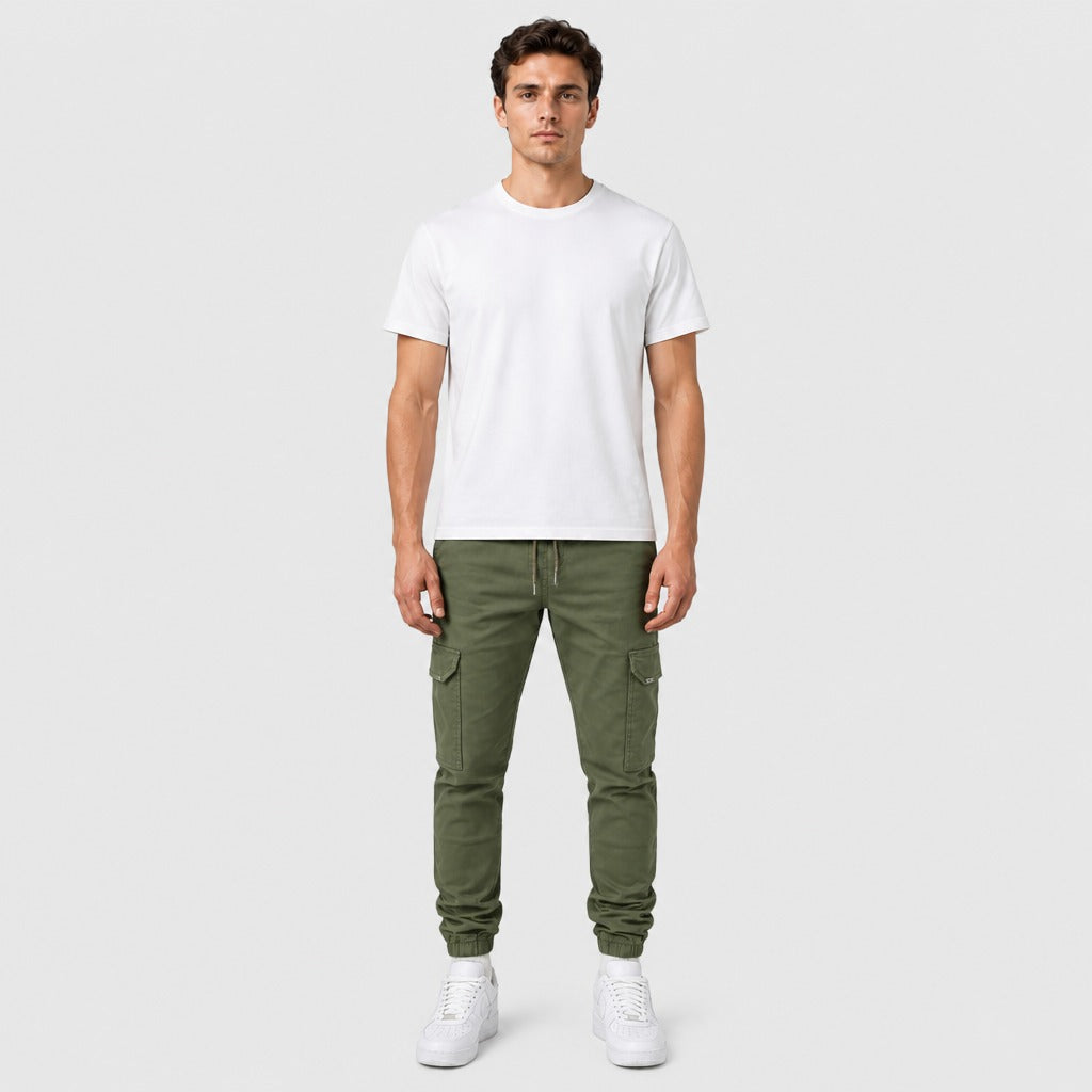 Men’s Cotton Cargo Joggers Military Green full length