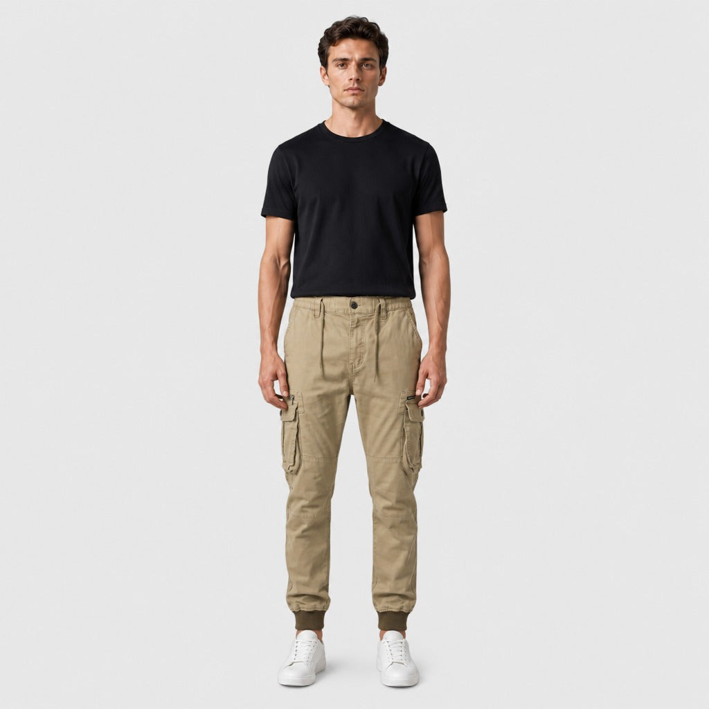Men’s Cotton Cargo Trousers with Zip Pocket Khaki full length