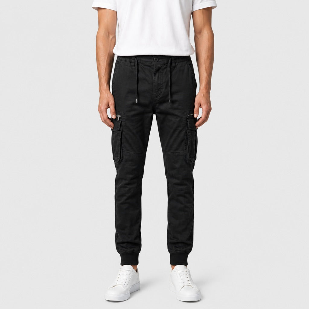 Men’s Cotton Cargo Trousers with Zip Pocket Black