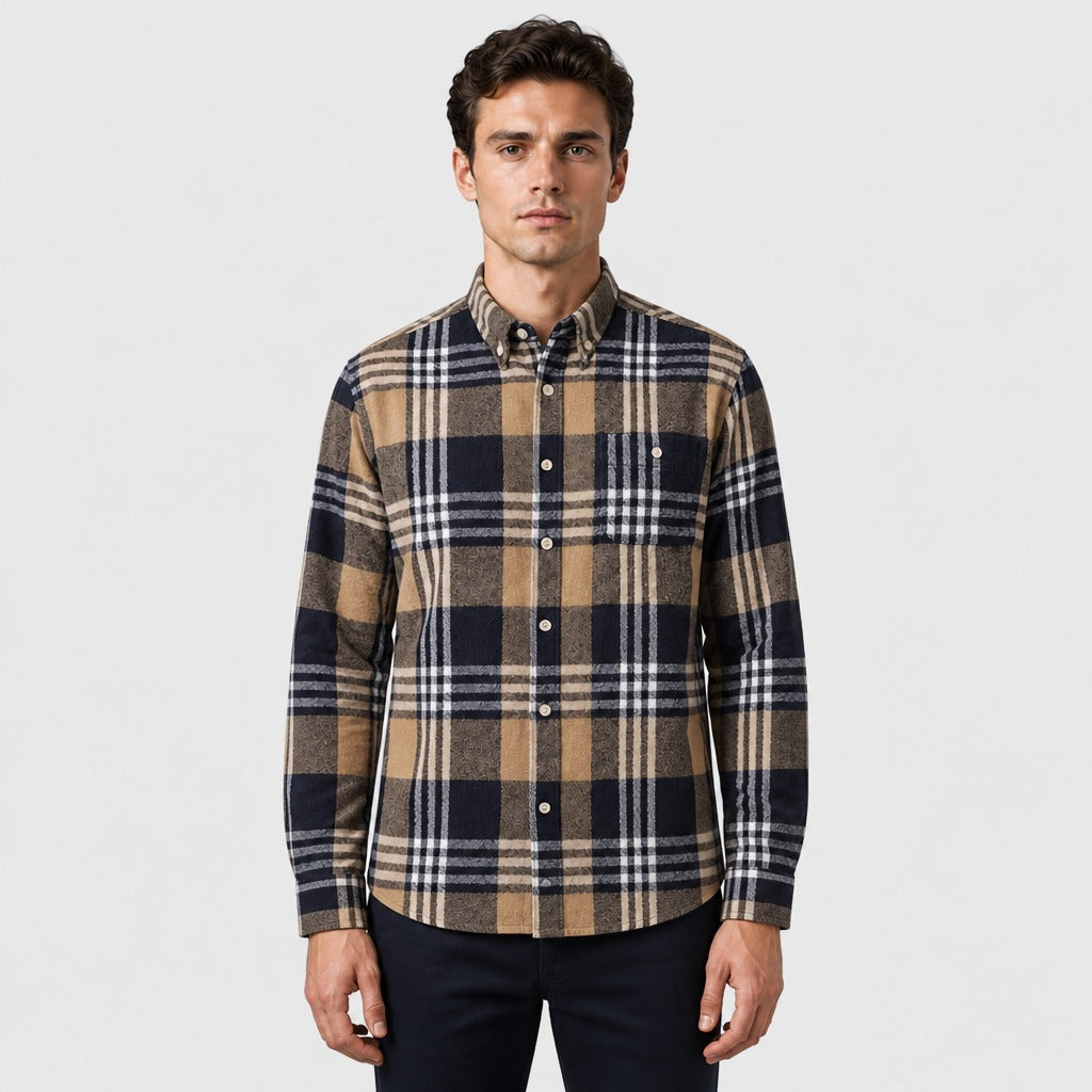 Men’s Cotton Flannel Plaid Shirt Beige/Black front