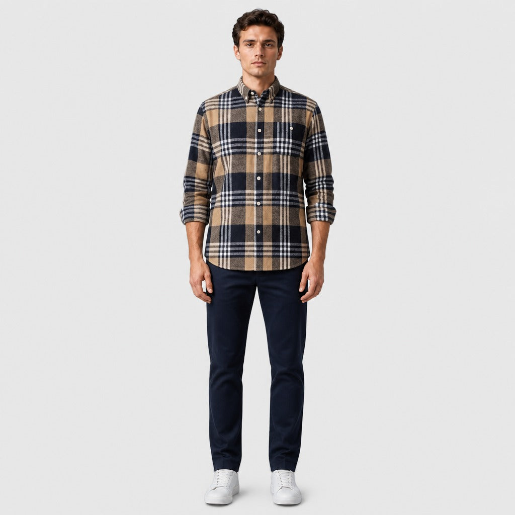 Men’s Cotton Flannel Plaid Shirt Beige/Black full length