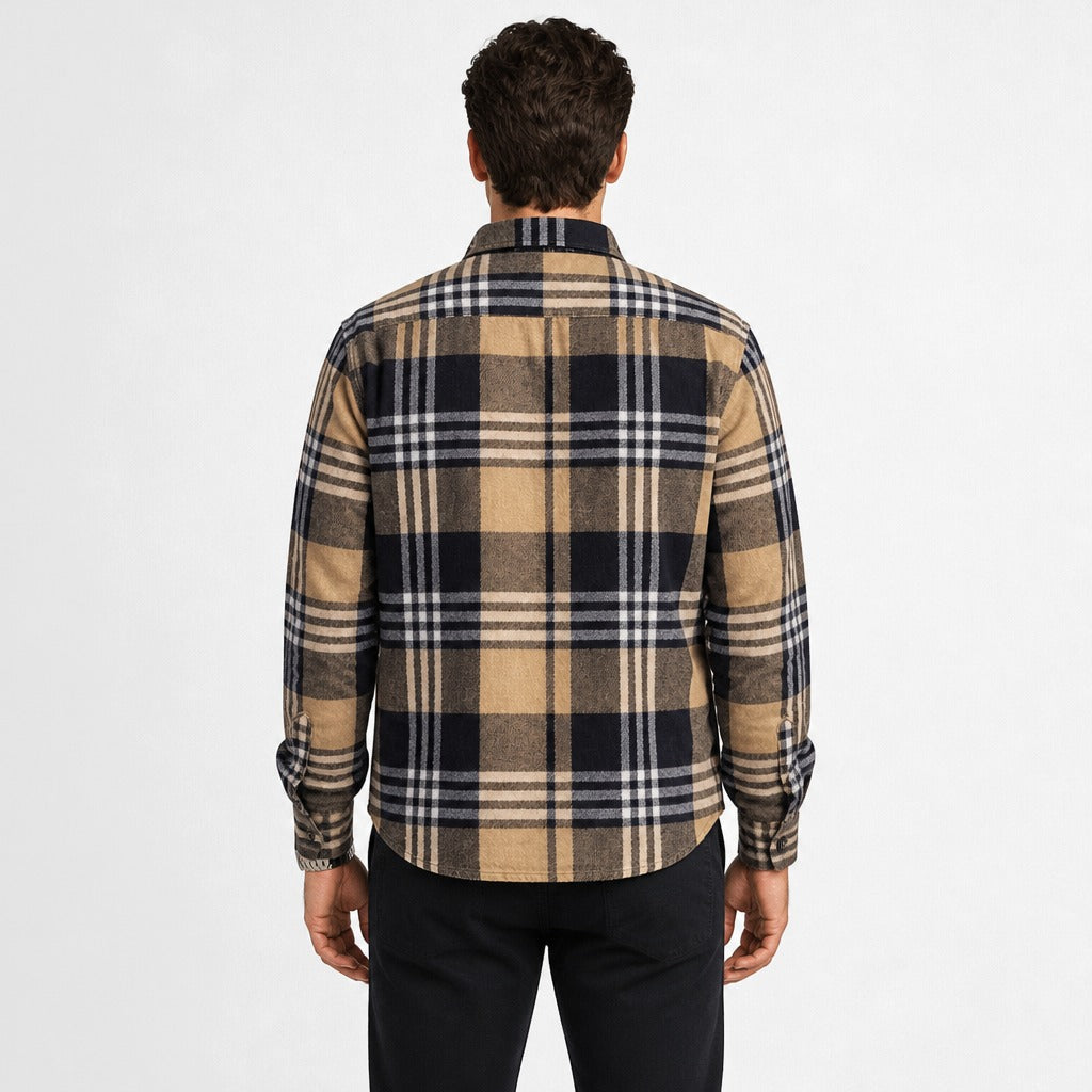 Men’s Cotton Flannel Plaid Shirt Beige/Black back