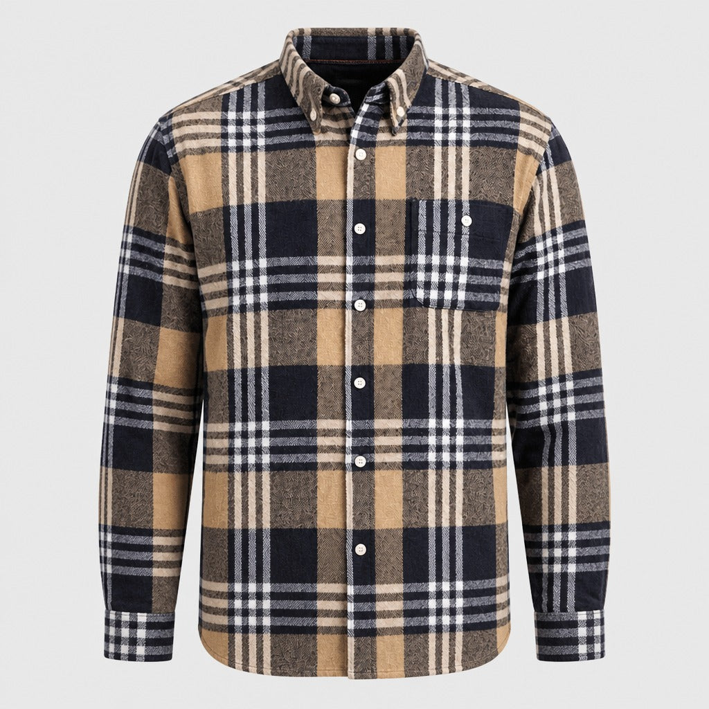 Men’s Cotton Flannel Plaid Shirt Beige/Black product front