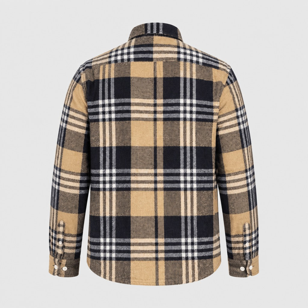 Men’s Cotton Flannel Plaid Shirt Beige/Black product back