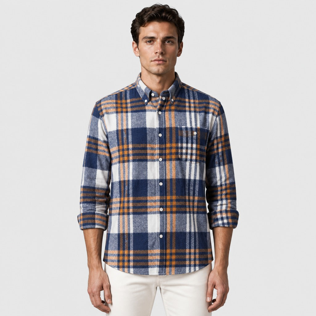 Men’s Cotton Flannel Plaid Shirt Navy Blue/Orange