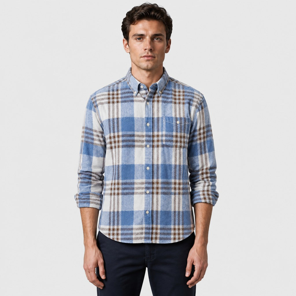 Men’s Cotton Flannel Plaid Shirt Light Blue/Black