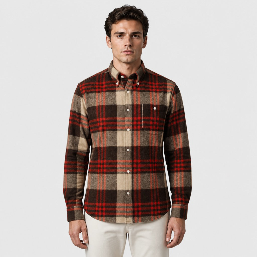 Men’s Cotton Flannel Plaid Shirt Brown/Red
