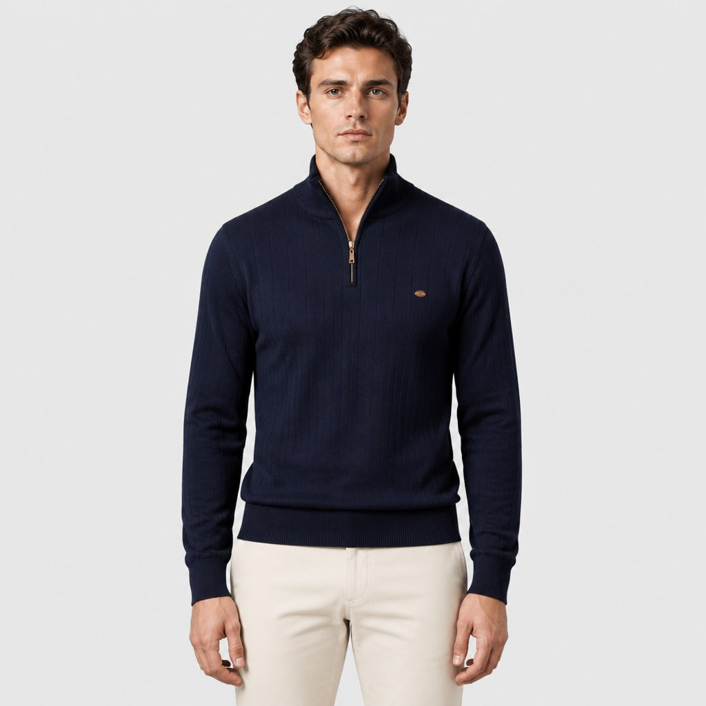 Men’s Cotton High Neck Zip Sweatshirt Navy Blue front